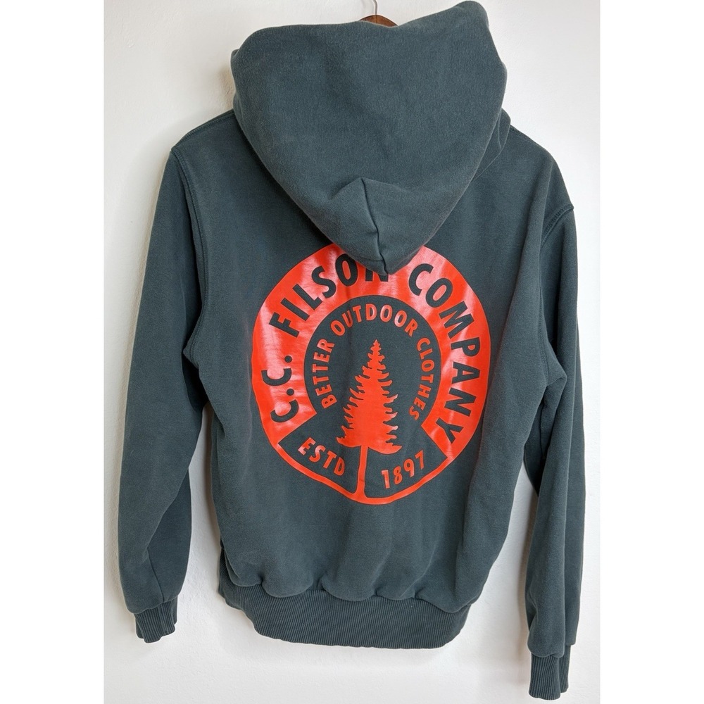 Filson Men's XS Prospector Graphic Hoodie Ponderosa Pine Big Logo Green